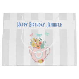 Roze theepot met bloemen en vlinders groot cadeauzakje