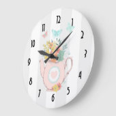 Roze theepot met bloemen en vlinders grote klok (Hoek)