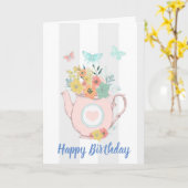 Roze theepot met bloemen en vlinders kaart (Gele Bloem)