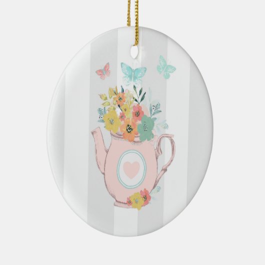 Roze theepot met bloemen en vlinders keramisch ornament (Rechts)