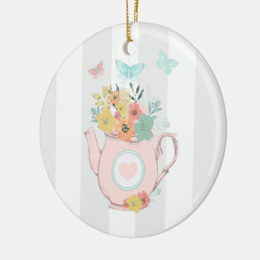 Roze theepot met bloemen en vlinders keramisch ornament (Links)