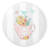 Roze theepot met bloemen en vlinders keramische knop (Voorkant)