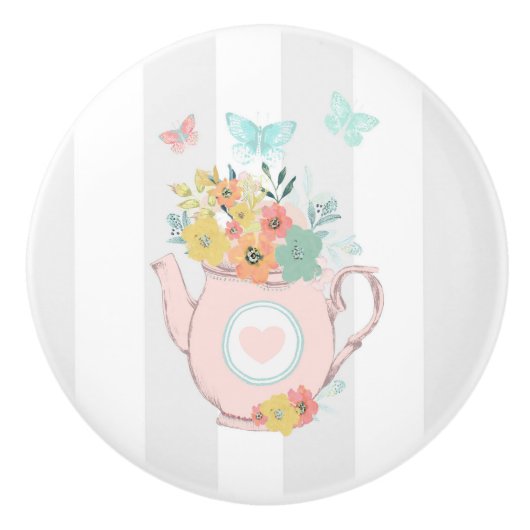 Roze theepot met bloemen en vlinders keramische knop (Voorkant)