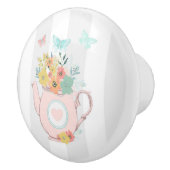 Roze theepot met bloemen en vlinders keramische knop (Rechts)