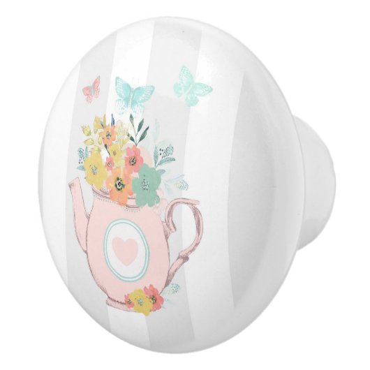 Roze theepot met bloemen en vlinders keramische knop (Rechts)