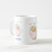Roze theepot met bloemen en vlinders koffiemok (Voorkant links)