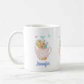 Roze theepot met bloemen en vlinders koffiemok (Links)