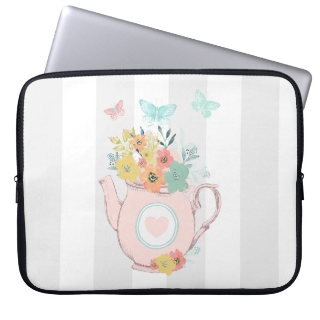 Roze theepot met bloemen en vlinders laptop sleeve (Voorkant)