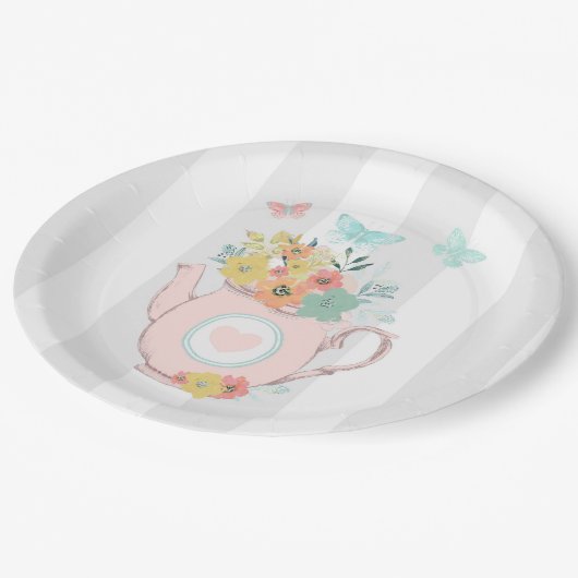 Roze theepot met bloemen en vlinders papieren bordje (Gekanteld)