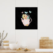 Roze theepot met bloemen en vlinders poster (Keuken)