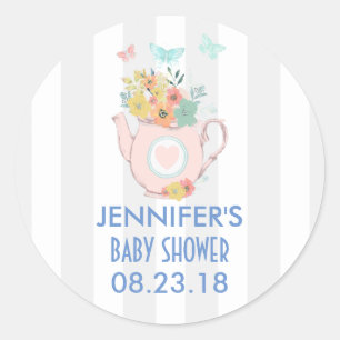 Roze theepot met bloemen en vlinders ronde sticker
