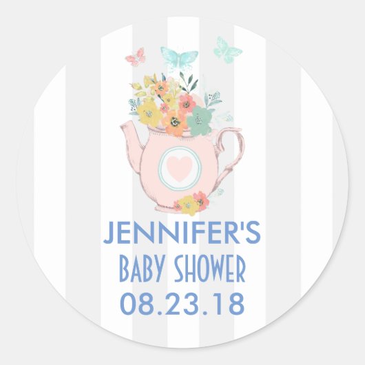 Roze theepot met bloemen en vlinders ronde sticker (Voorkant)