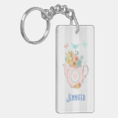 Roze theepot met bloemen en vlinders sleutelhanger (Voorkant Links)