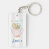 Roze theepot met bloemen en vlinders sleutelhanger (achterkant)