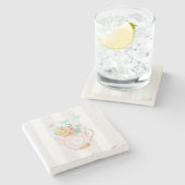 Roze theepot met bloemen en vlinders stenen onderzetter (Zijkant)