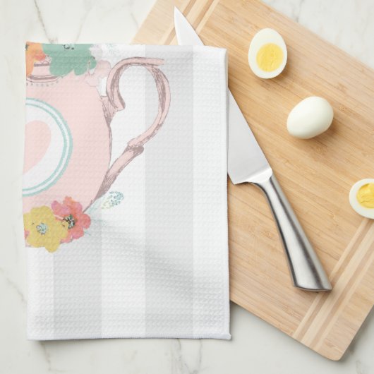 Roze theepot met bloemen en vlinders theedoek (Quarter Fold)