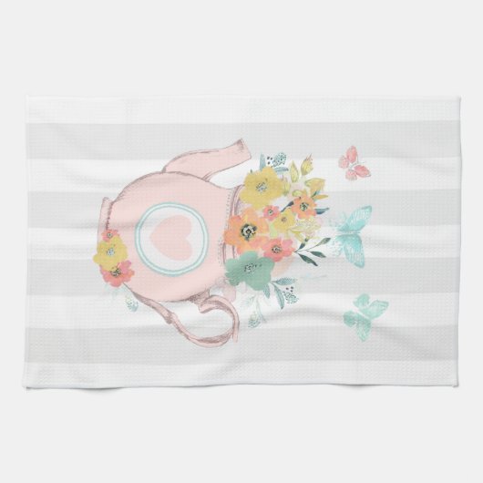 Roze theepot met bloemen en vlinders theedoek (Horizontaal)