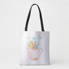 Roze theepot met bloemen en vlinders tote bag