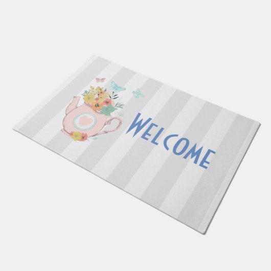 Roze theepot met bloemen en vlinders Welkom Deurmat (Schuin)