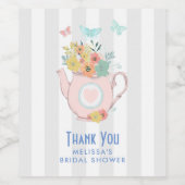Roze theepot met bloemen en vlinders wijn etiket (Enkel label)
