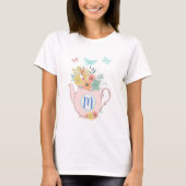 Roze theepot met bloemen & vlinders Monogram T-shirt (Voorkant)