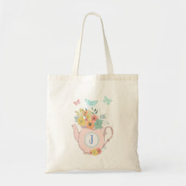 Roze theepot met bloemen & vlinders Monogram Tote Bag