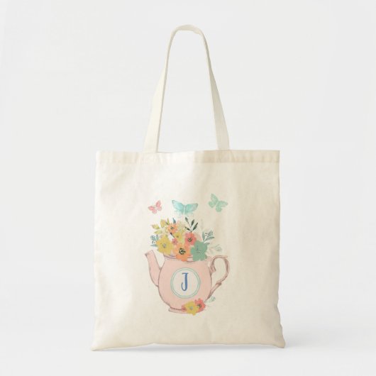 Roze theepot met bloemen & vlinders Monogram Tote Bag (Voorkant)
