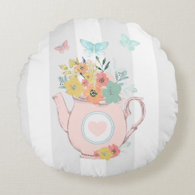 Roze theepot met bloemen & vlinders rond kussen (Voorkant)