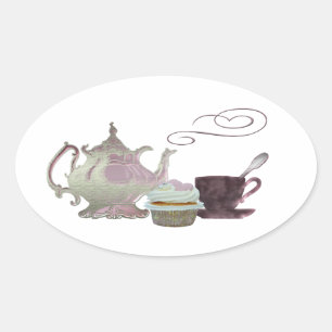 Roze theepot-, theeband- en cupcake-kunst ovale sticker