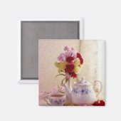 Roze theessetbloemen voor katoen magneet (Voorkant / Achterkant)
