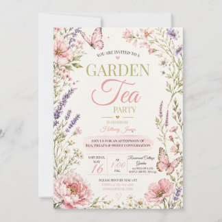 Roze Theetuinfeest met Vlinders in Wilde Bloemen Kaart