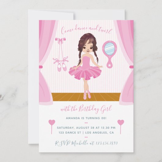 Roze thema Ballerina Birthday Uitnodiging (Voorkant)