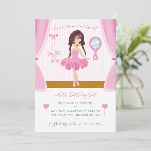 Roze thema Ballerina Birthday Uitnodiging (Staand voorkant)