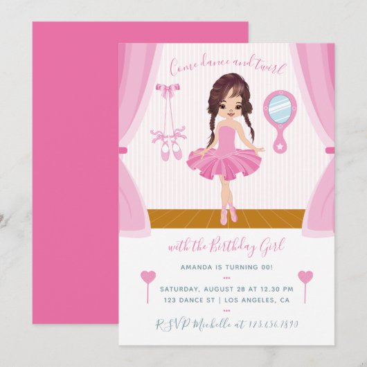 Roze thema Ballerina Birthday Uitnodiging (Voorkant / Achterkant)