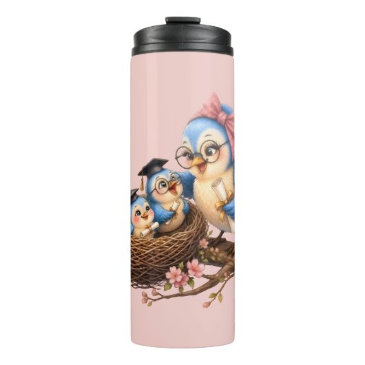 Roze thermobeker met afstudeervogel thermosbeker (Voorkant)