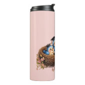 Roze thermobeker met afstudeervogel thermosbeker (Gedraaid links)