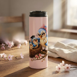 Roze thermobeker met afstudeervogel thermosbeker