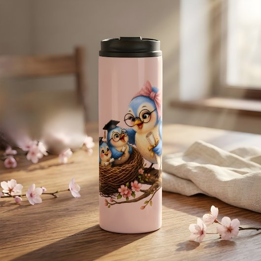 Roze thermobeker met afstudeervogel thermosbeker