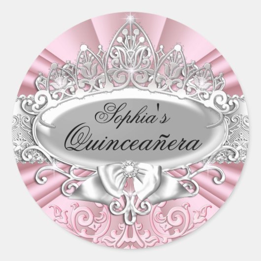 Roze Tiara & Damask Quinceanera Sticker (Voorkant)
