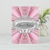 Roze Tiara Damask Sweet 16 Birthday Party Kaart (Staand voorkant)