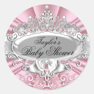 Roze Tiara & Damast Baby Shower Sticker