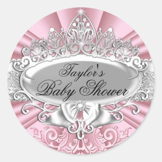 Roze Tiara & Damast Baby Shower Sticker (Voorkant)