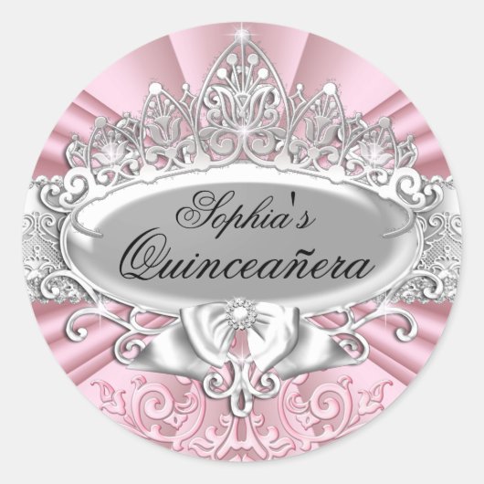 Roze Tiara & Damast Quinceanera Sticker (Voorkant)
