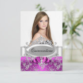 Roze Tiara & Floral Roos Quinceanera Invite Kaart (Staand voorkant)