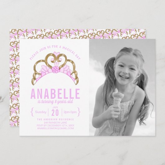  Roze Tiara Foto Verjaardagsuitnodiging Kaart (Voorkant / Achterkant)