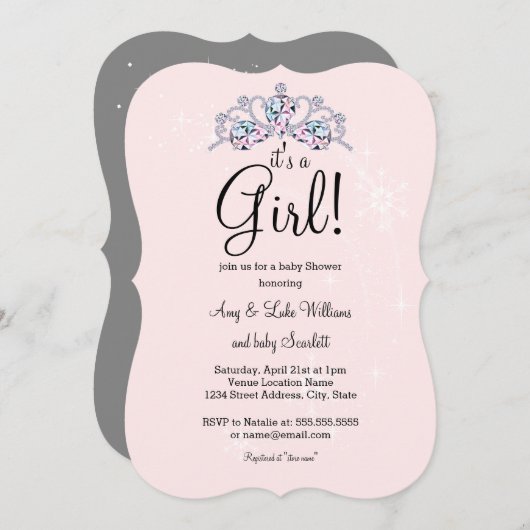 Roze Tiara Het is een meisje Baby shower uitnodigi Kaart (Voorkant / Achterkant)