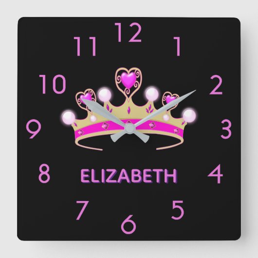 Roze tiara kroonnaam vierkante klok (Voorkant)