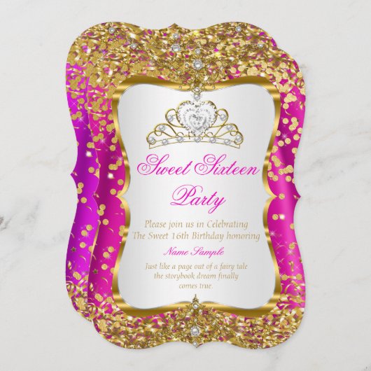 Roze Tiara Prinses Sweet 16 Goud Witte Uitnodiging (Voorkant / Achterkant)