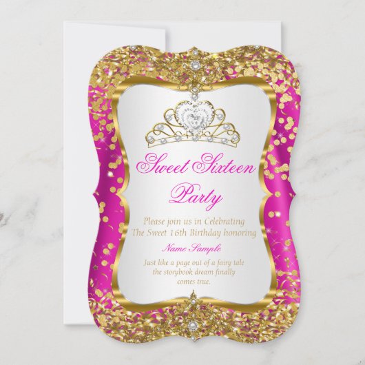 Roze Tiara Prinses Sweet 16 Goud Witte Uitnodiging (Voorkant)