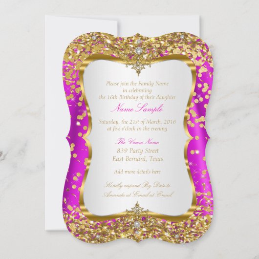 Roze Tiara Prinses Sweet 16 Goud Witte Uitnodiging (Achterkant)